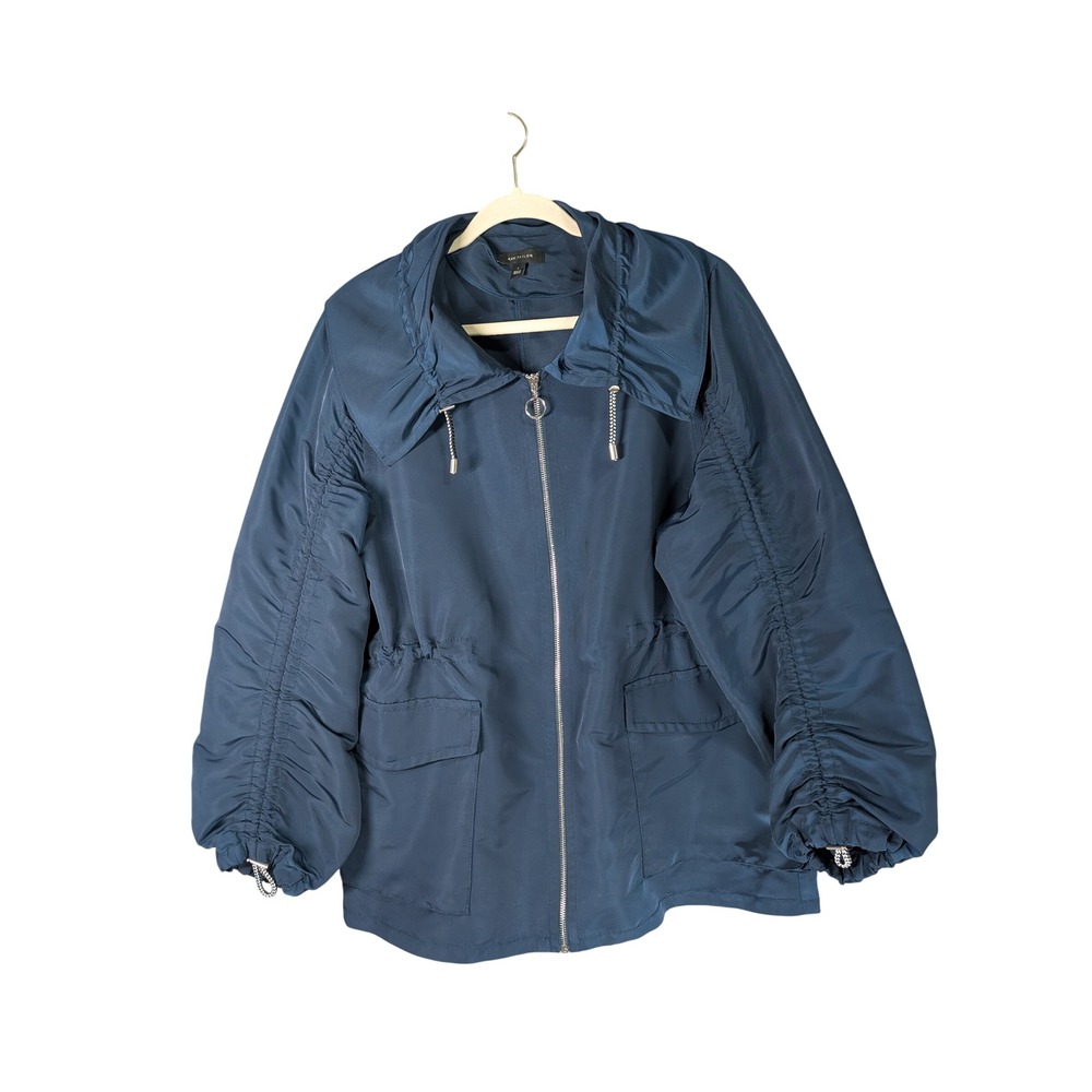 Ann Taylor Jacket Womens L Teal Blue Ruched Balloon Sleeve Utility Zip